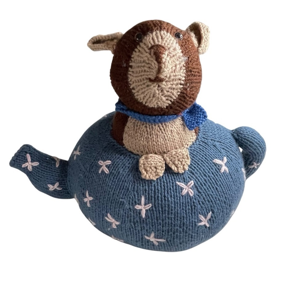 Handmade Knit Bear Teapot Tea Cozy Blue Brown‎ Embroidered Cottagecore 12"